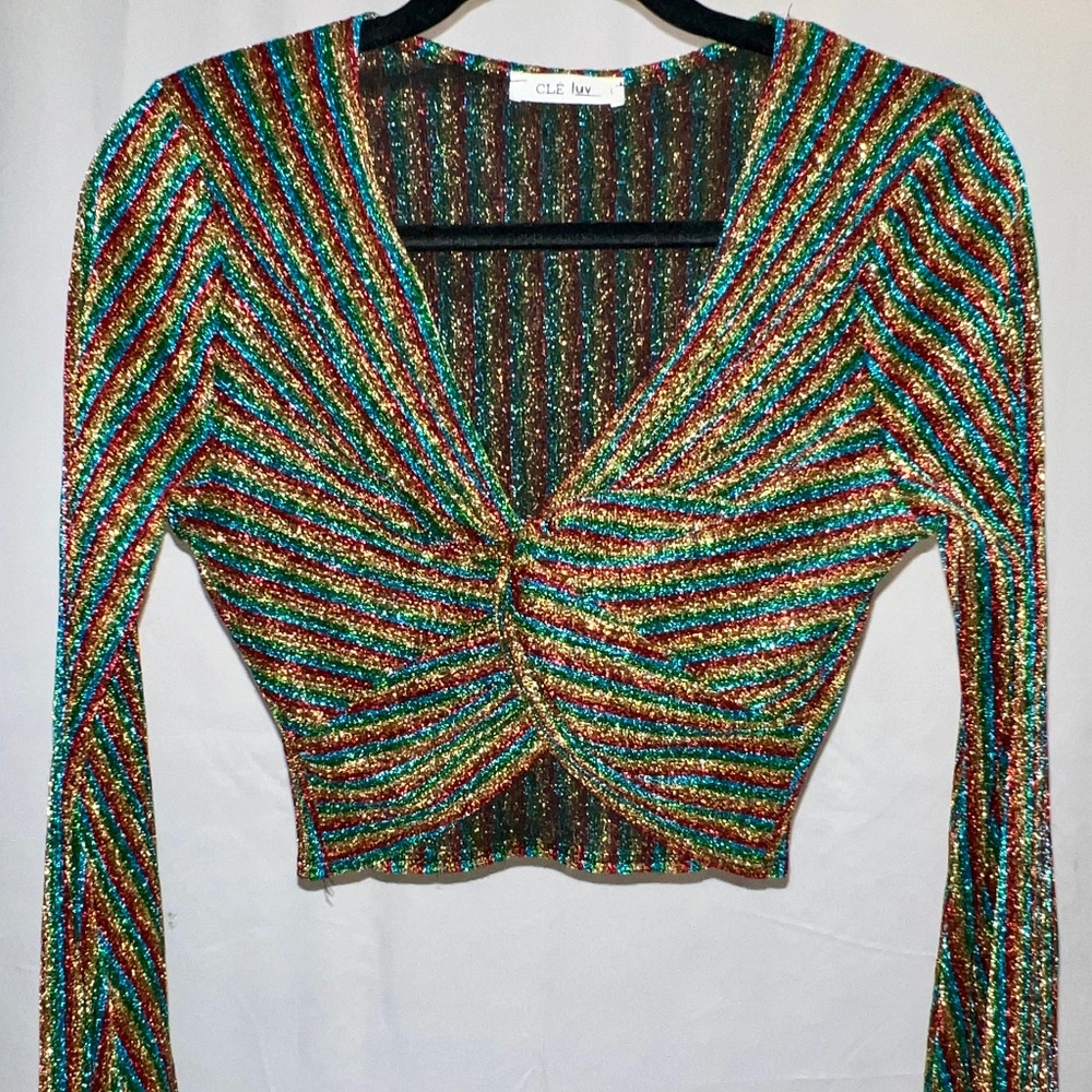 Sparkly Retro Rainbow Long Sleeve Cross Crop Top